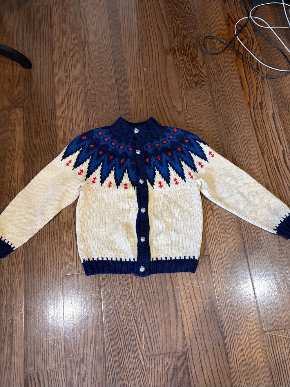 Vtg Nordic Fair Isle Pewter buttons wool blue cream cardigan sweater XS-S
